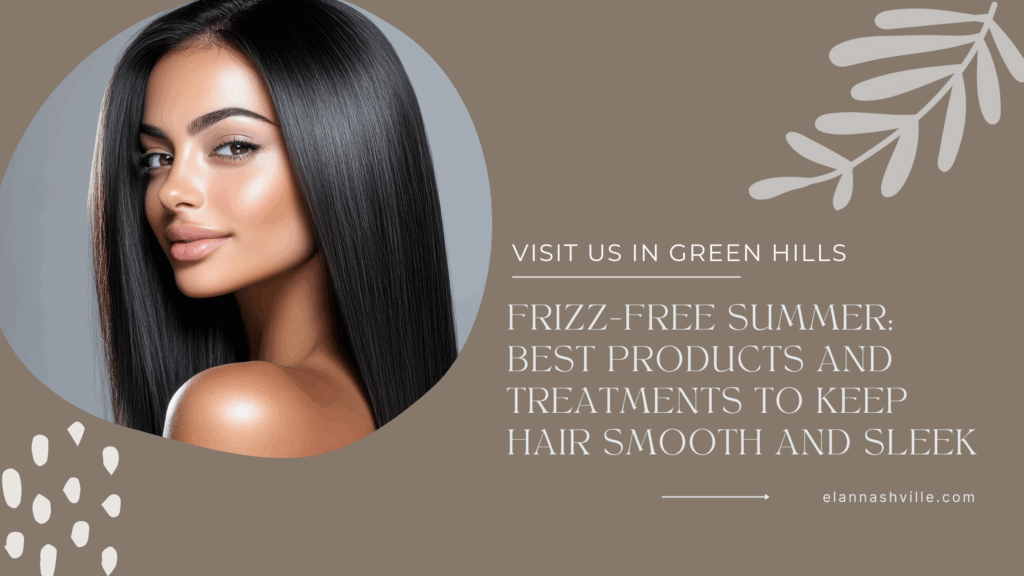 Woman with sleek, shiny hair outdoors — showcasing frizz-free summer hair achieved with smoothing products and humidity-resistant treatments.