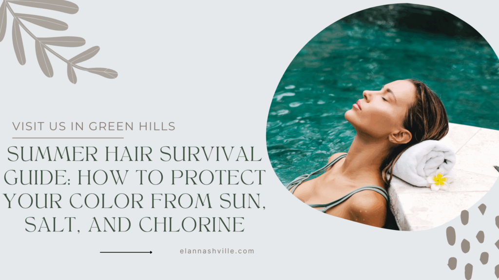 Woman with wet hair by the pool — showing the effects of sun, salt, and chlorine on color-treated hair for a summer hair care survival guide.