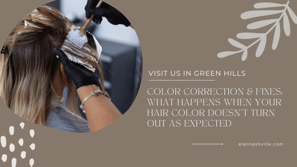 Stylist applying hair color correction in salon, representing professional color fix and toning services available at Elan Nashville in Green Hills.