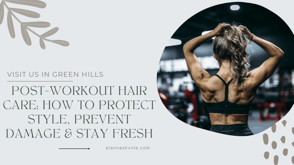 Fit woman tying up her hair at the gym, illustrating post-workout haircare routines to prevent sweat damage and maintain healthy hair.