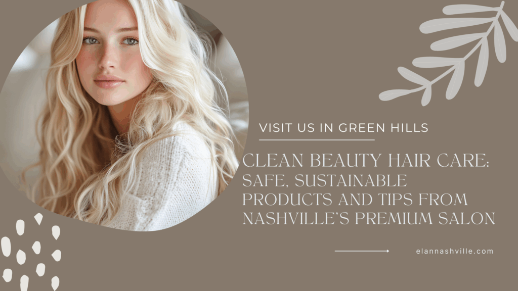 Portrait of a woman with long, natural-looking blonde hair, representing clean beauty hair care and sustainable salon products.